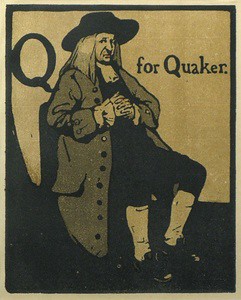a line drawing of a man in old fashioned clothes, with the text Q is for Quaker.