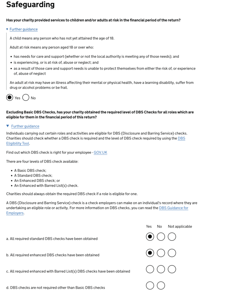 screenshot of charity commission section