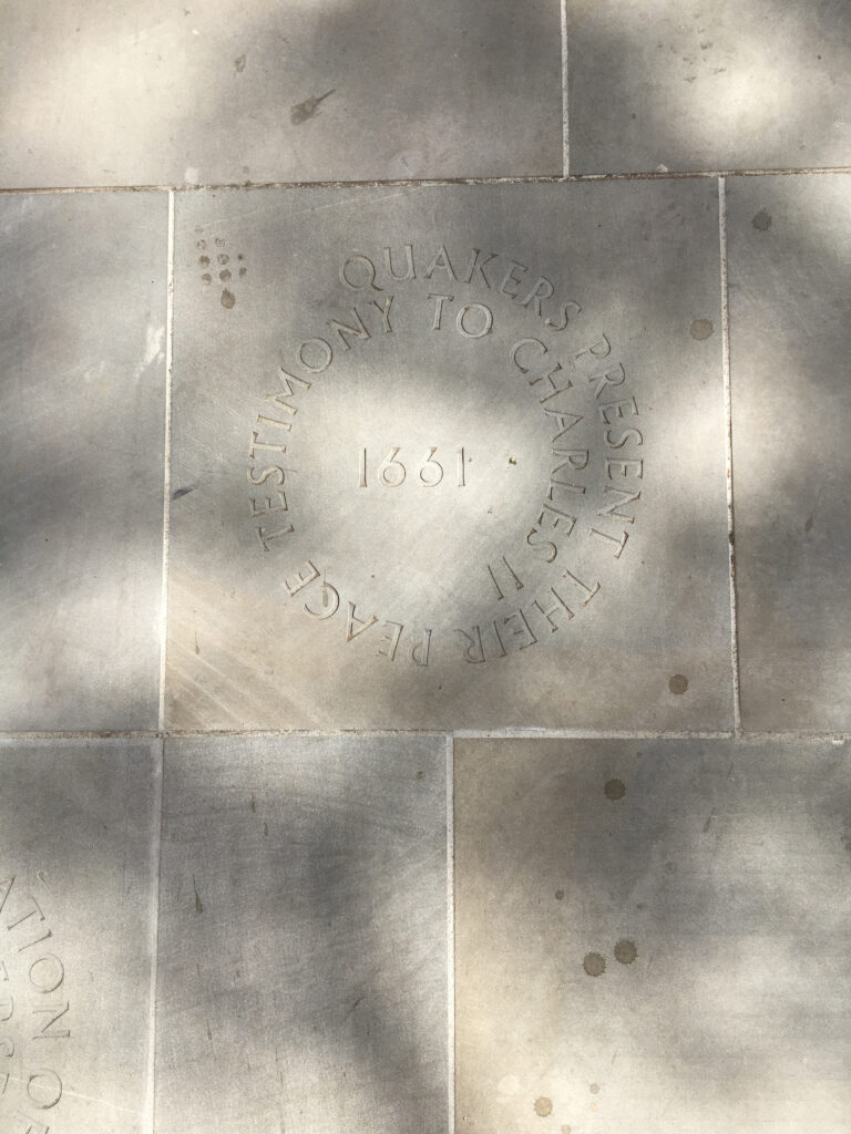 Paving Slab saying: 1661 Quakers present their peace testimony to Charles II